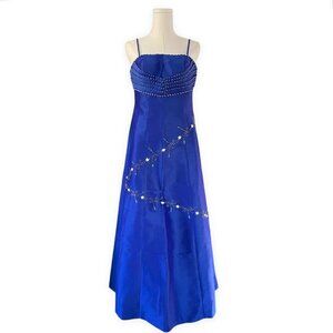 Vintage Y2K Evening Gown Sz 4/6 Cobalt Strap Sleeveless Sequin Beaded Maxi Dress